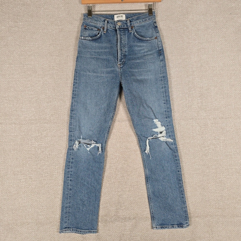 Agolde‎ Riley High Rise Straight Leg Jeans Blue Distressed A056B-1255 Womens 24